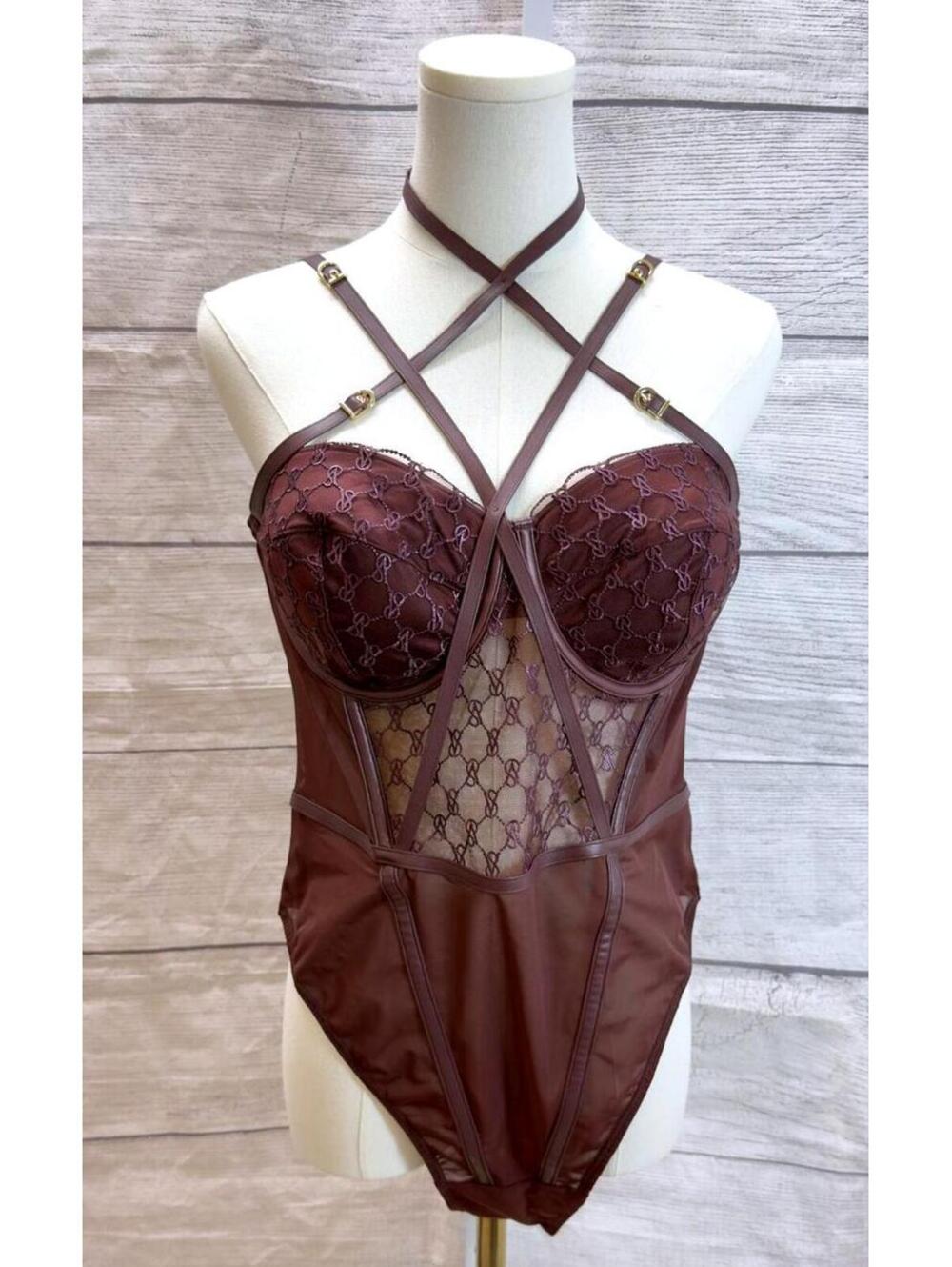 VS Logo Embroidery Balconette Brown Faux-Leather Trim Teddy Size XL